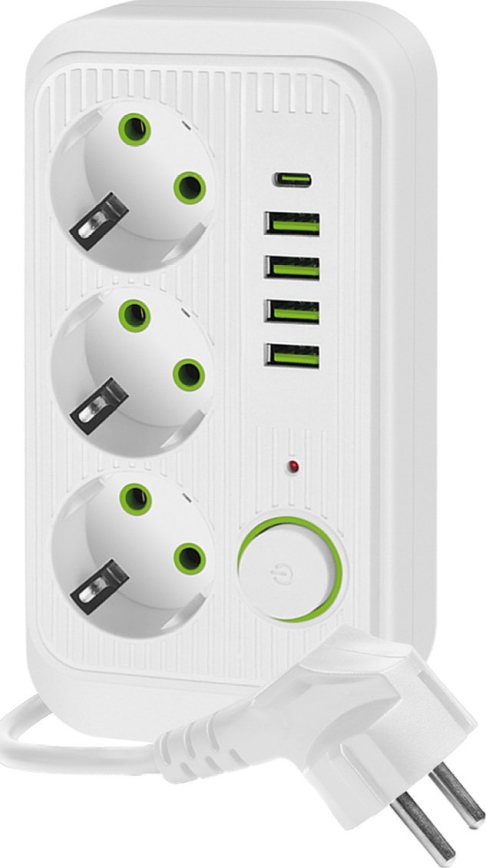 Rozbočovacia zásuvka s vypínačom LINEA 3x230V + 5xUSB A/C SCHUKO 3 m biela