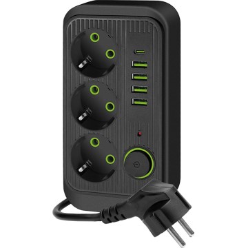 Rozbočovacia zásuvka s vypínačom LINEA 3x230V + 5xUSB A/C SCHUKO 3 m čierna