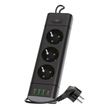 Rozbočovacia zásuvka s vypínačom LINEA PRO 3x230V+3xUSB-A + 1xUSB-C SCHUKO 1,5 m čierna