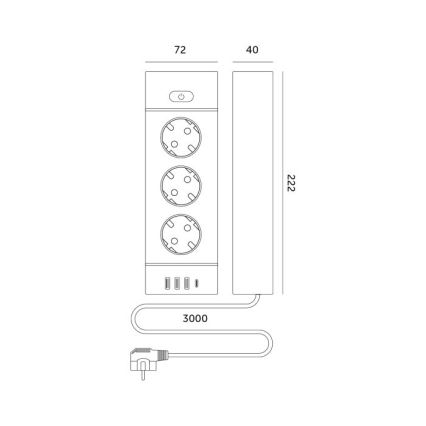 Rozbočovač so spínačom LINEA PRO 3x230V + 3xUSB-A + 1xUSB-C SCHUKO 3 m biela