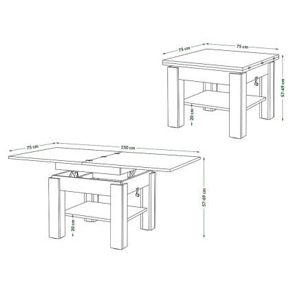 Rozložiteľný konferenčný stolík s rozmermi 75x75 cm (zvýšená plocha 150x75 cm) a výškou 57-69 cm, obsahuje poličku s výškou 20 cm.