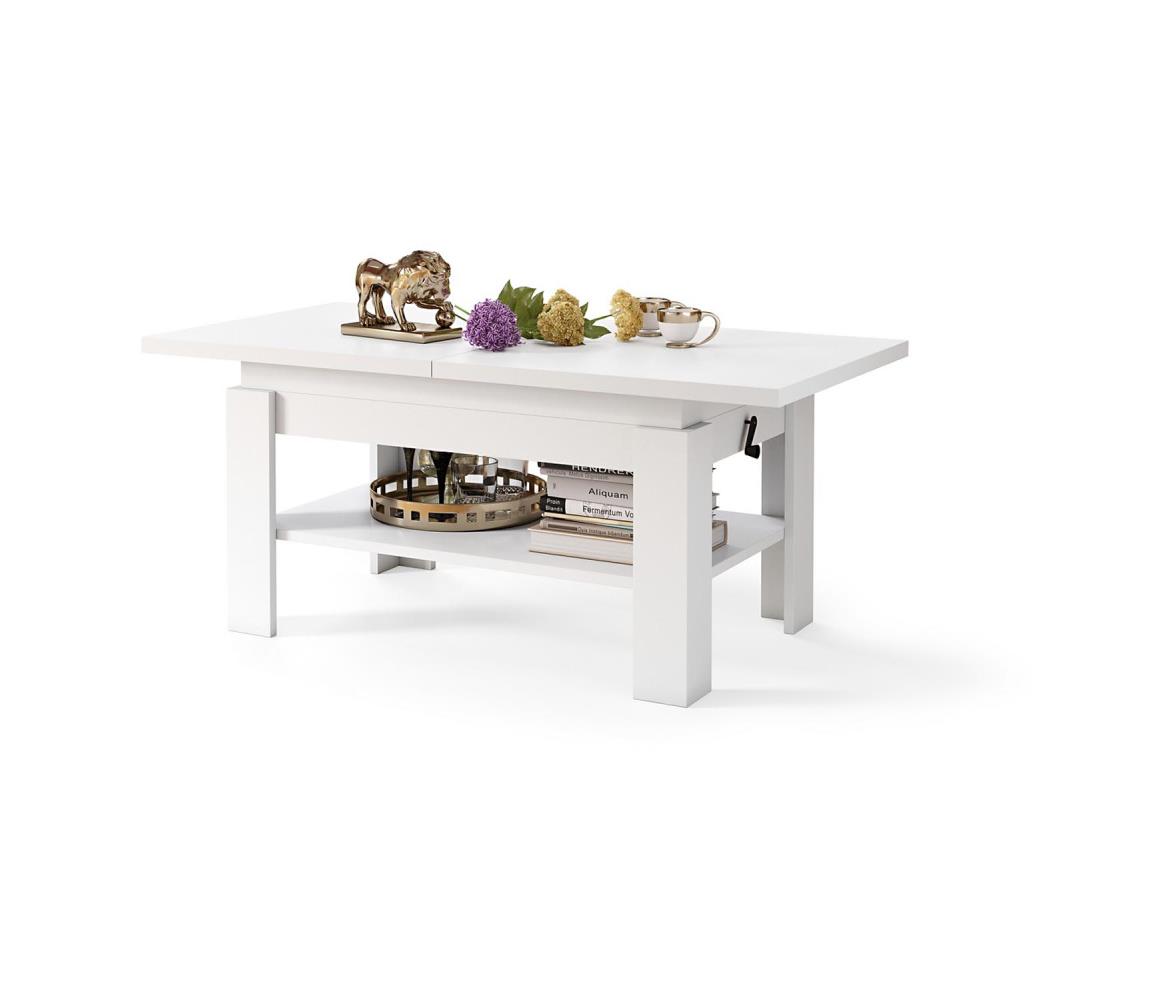 Rozkladací konferenčný stôl s výškovo nastaviteľnou doskou ROY 130/170x65 cm biela 5903631913273