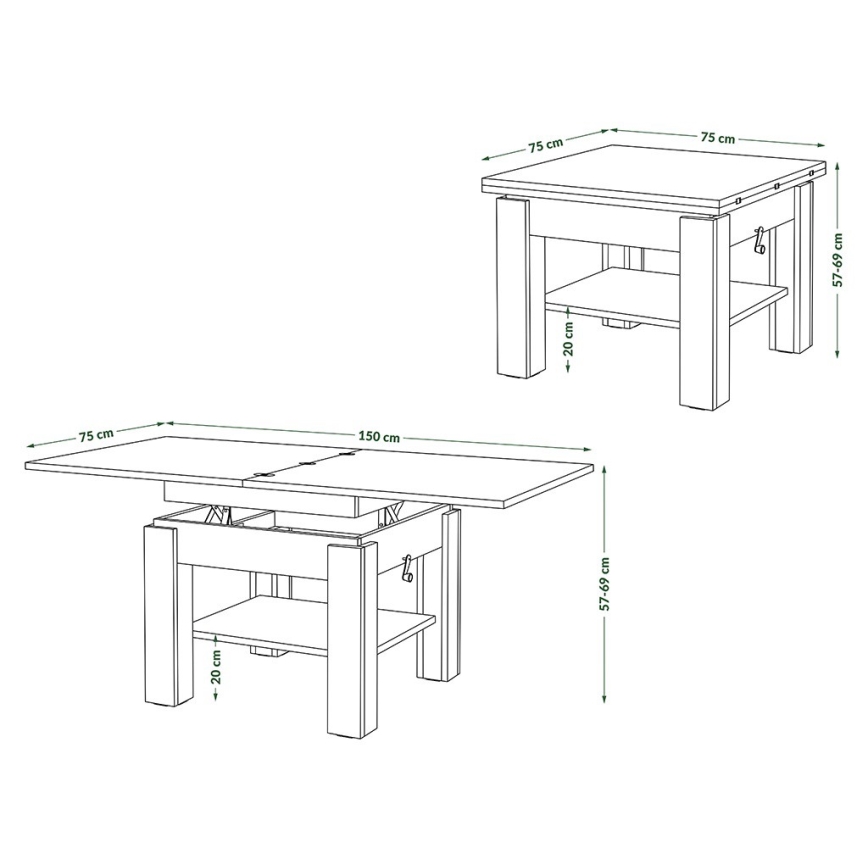 Rozkládací stolík s výsuvnou doskou a poličkou; rozmery v rozloženom stave 150 x 75 cm, v zloženom 75 x 75 cm; výška 57-69 cm.