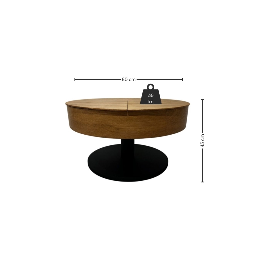 Rozkladací konferenčný stôl so zdvíhacou doskou PURE, priemer 80 cm, dub/čierna