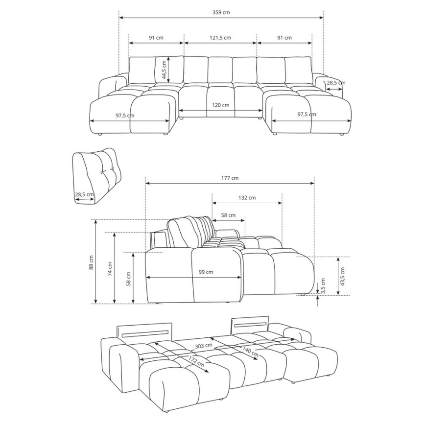 Rozkladacia čalúnená sedacia súprava ALMADA v tvare U s úložným priestorom, béžová