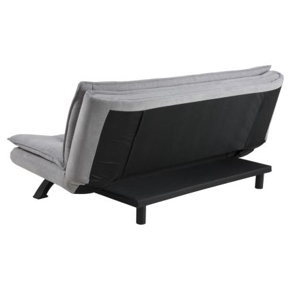 Rozkládací pohovka je zobrazená zozadu. Je sivá s tmavou opierkou a čiernymi kovovými nohami. Má výsuvnú podložku.