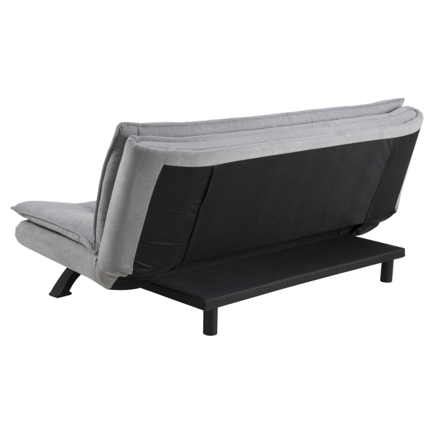 Rozkládací pohovka je zobrazená zozadu. Je sivá s tmavou opierkou a čiernymi kovovými nohami. Má výsuvnú podložku.