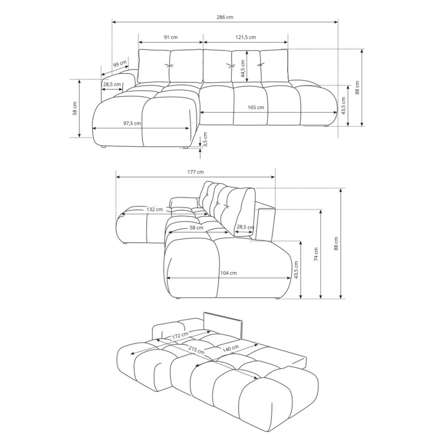 Rohová sedačka je znázornená z troch uhlov s detailnými rozmermi v centimetroch: celková dĺžka 286 cm, šírka 177 cm, hĺbka 104 cm a ďalšie rozmery jednotlivých častí.