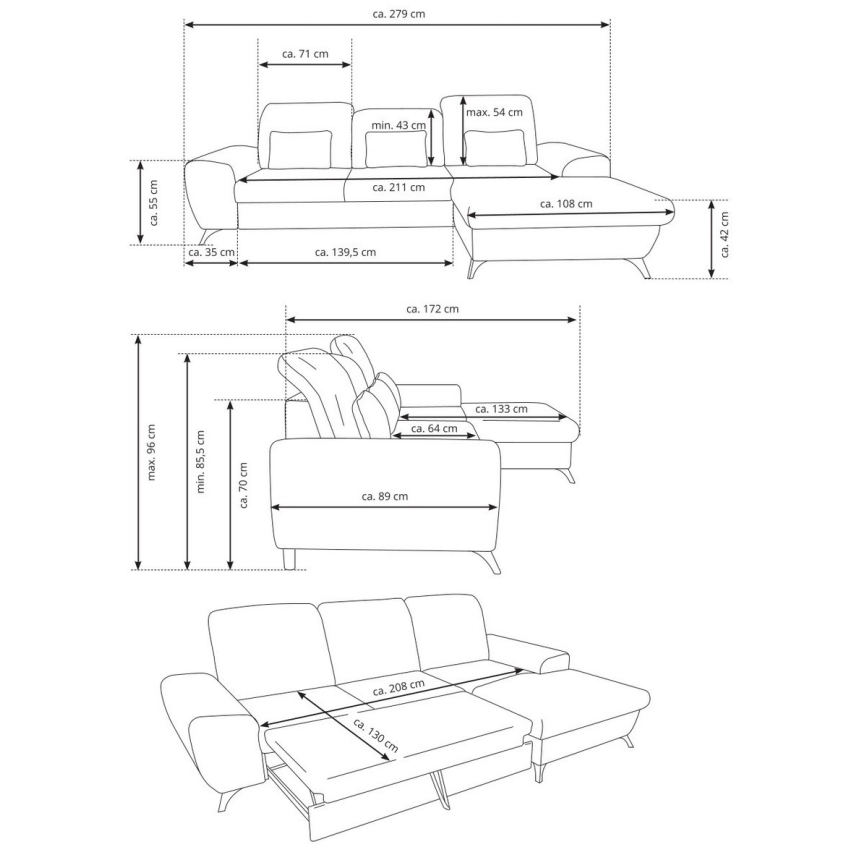 Rozkladacia rohová čalúnená sedacia súprava v tvare L ALTA ľavá žltá
