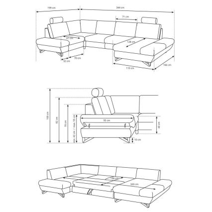Rohový gauč s rozkladacím mechanizmom a úložným priestorom je zobrazený v technických výkresoch s detailnými rozmermi v centimetroch: celková dĺžka 320 cm, šírka 199 cm, hĺbka sedáka 55 cm, výška 100 cm.