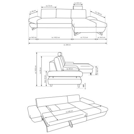 Rohová sedačka s rozkladacím mechanizmom je znázornená v troch pohľadoch s uvedenými rozmermi v centimetroch. Sú zobrazené pohľady zhora, zboku a detail rozkladu.