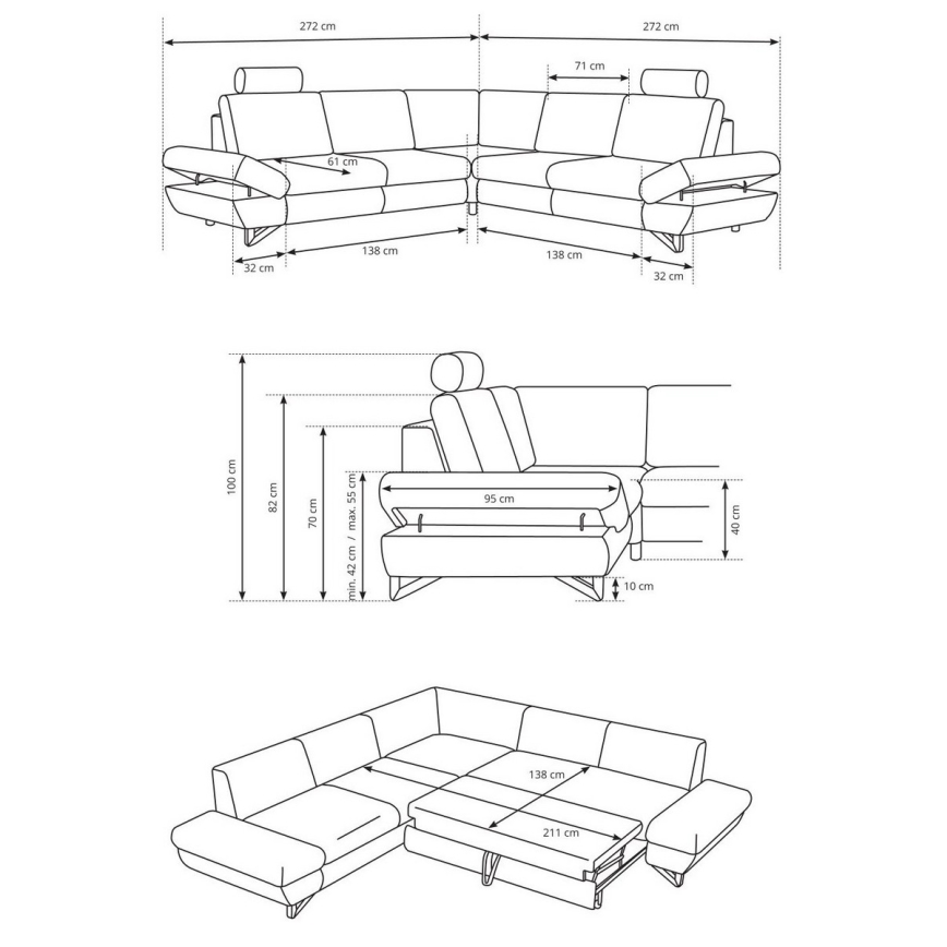 Rohová sedačka je zobrazená v trojrozmernom náčrte s detailnými rozmermi v centimetroch: celková šírka 272 cm, hĺbka sedacej časti od 42 do 55 cm, šírka jednotlivých častí 138 cm a výška opierky 71 cm. Súčasťou je aj výklopný stôl s rozmermi 138 x 211 cm.