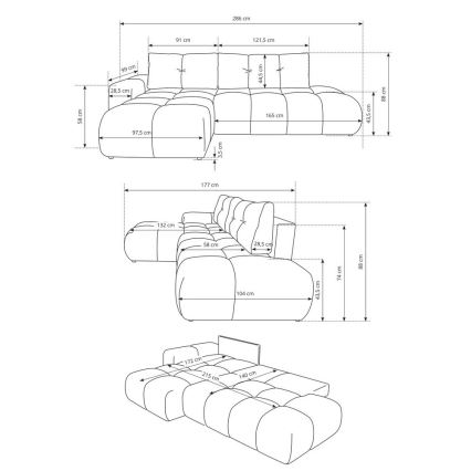 Rohová sedačka; zobrazené sú jej rozmery v centimetroch z viacerých uhlov.