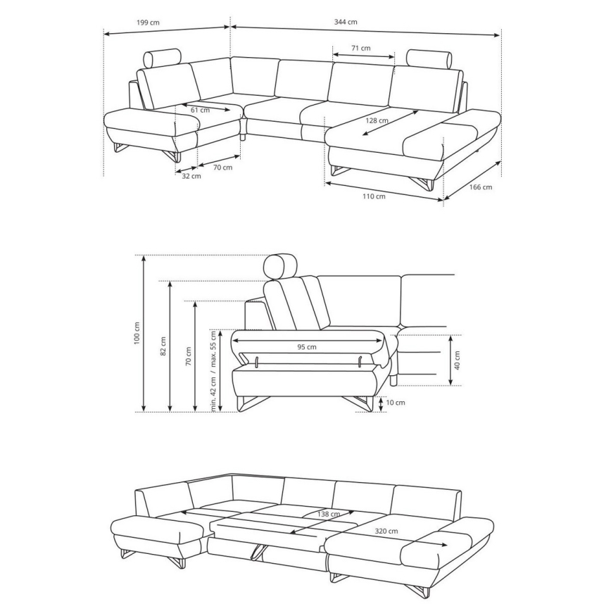 Rohový gauč s rozkladacím mechanizmom; detailné rozmery jednotlivých častí sú uvedené v centimetroch: 199, 344, 61, 70, 32, 95, 128, 166, 110, 100, 82, 70, 42-55, 40, 138, 320.