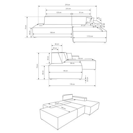 Rohová sedačka s rozmermi 274x170 cm je znázornená v technickom výkrese z viacerých uhlov s detailnými rozmermi jednotlivých častí v centimetroch. Sedačka má aj samostatný taburet.
