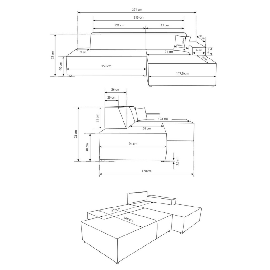Rohová sedačka s rozmermi 274x170 cm je znázornená v technickom výkrese z viacerých uhlov s detailnými rozmermi jednotlivých častí v centimetroch. Sedačka má aj samostatný taburet.
