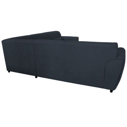 Rohová sedačka s tmavomodrým čalúnením je zobrazená zo zadu. Sedačka je rozdelená na tri časti, má zaoblené operadlá a tmavé nožičky. Nachádza sa na bielom pozadí.