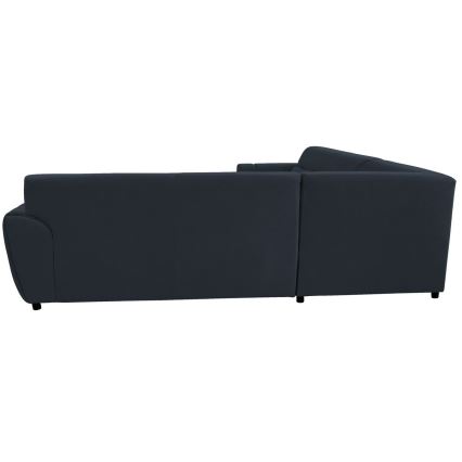 Rohová sedačka s tmavosivým čalúnením je zobrazená zozadu. Sedačka je rozdelená na tri časti, ktoré sú spojené v pravom uhle. Nachádza sa na bielom pozadí.