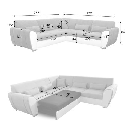 Rozkladacia rohová sedacia súprava VISEU v tvare L, pravé prevedenie, sivá/biela, s úložným priestorom