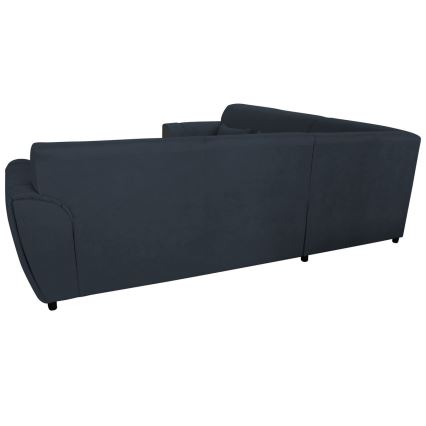 Rohová sedačka tmavomodrej farby je zobrazená zo zadnej strany. Sedačka je rozdelená na tri časti a má jednoduchý dizajn. Stojí na bielom pozadí.