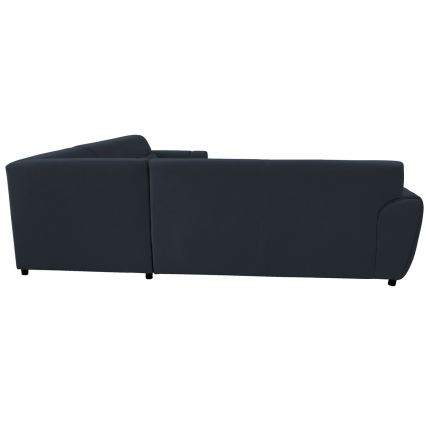 Rohová sedačka tmavomodrej farby je zobrazená zo zadnej strany. Sedačka je rozdelená na tri časti, spočíva na štyroch malých nohách. Je umiestnená na bielom pozadí.