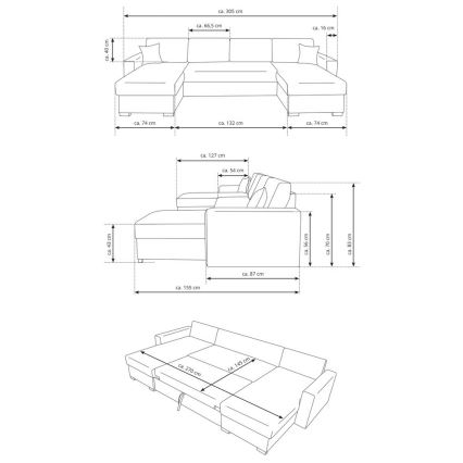 Rohový gauč, zobrazený v troch pohľadoch s rozmermi: cca 305x155x83 cm. Zobrazuje presné rozmery jednotlivých častí v cm.