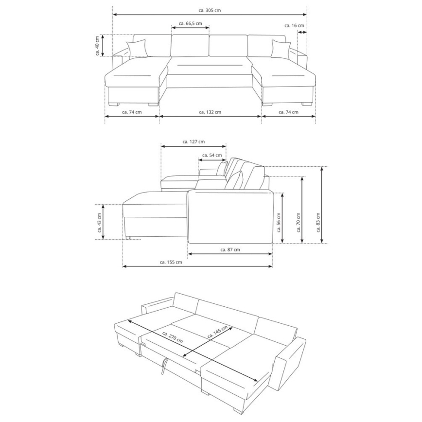Rohový gauč, zobrazený v troch pohľadoch s rozmermi: cca 305x155x83 cm. Zobrazuje presné rozmery jednotlivých častí v cm.