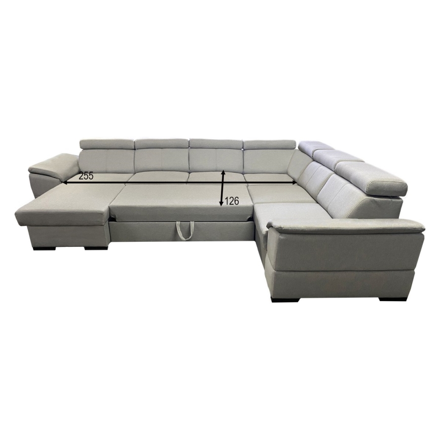 Rohová sedačka v tvare U je zobrazená s rozmermi: celková dĺžka 334 cm, hĺbka 183 cm a 264 cm, výška operadla 79/97 cm, šírka sedáku 66,5 cm a 56 cm a 45 cm, šírka podrúčok 60 cm a 97 cm.