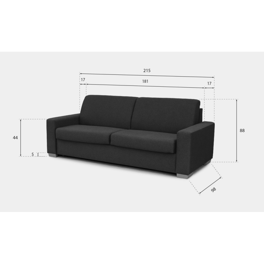 Dvojsedačka tmavosivej farby je zobrazená na obrázku. Je umiestnená na svetlom pozadí a je doplnená rozmerovými údajmi: šírka 215 cm, výška 88 cm, hĺbka 98 cm, výška sedáku 44 cm, výška operadla 181 cm a šírka operadla 17 cm.