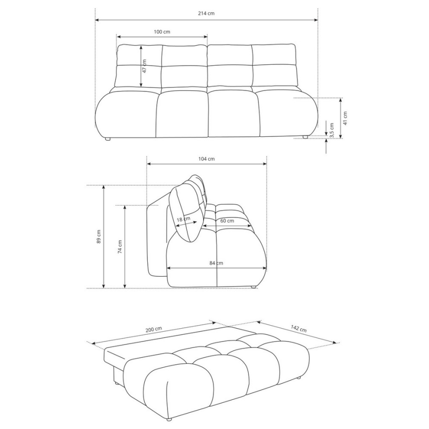 Rozťahovací gauč je zobrazený z troch uhlov s rozmermi: dĺžka 214 cm, šírka 104 cm, výška 89 cm, rozložený má rozmery 200 x 142 cm. Detailné rozmery jednotlivých častí sú uvedené na výkrese v cm.
