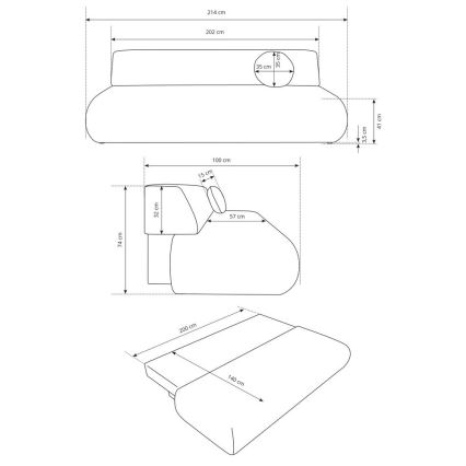 Rozložiteľná sedačka s rozmermi v rozloženom stave 200x140 cm a zloženom stave 214x100 cm. Zobrazené sú tri pohľady a rozmery jednotlivých častí.
