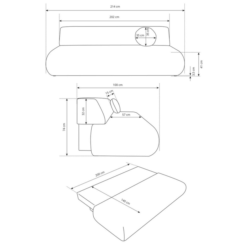 Rozložiteľná sedačka s rozmermi v rozloženom stave 200x140 cm a zloženom stave 214x100 cm. Zobrazené sú tri pohľady a rozmery jednotlivých častí.