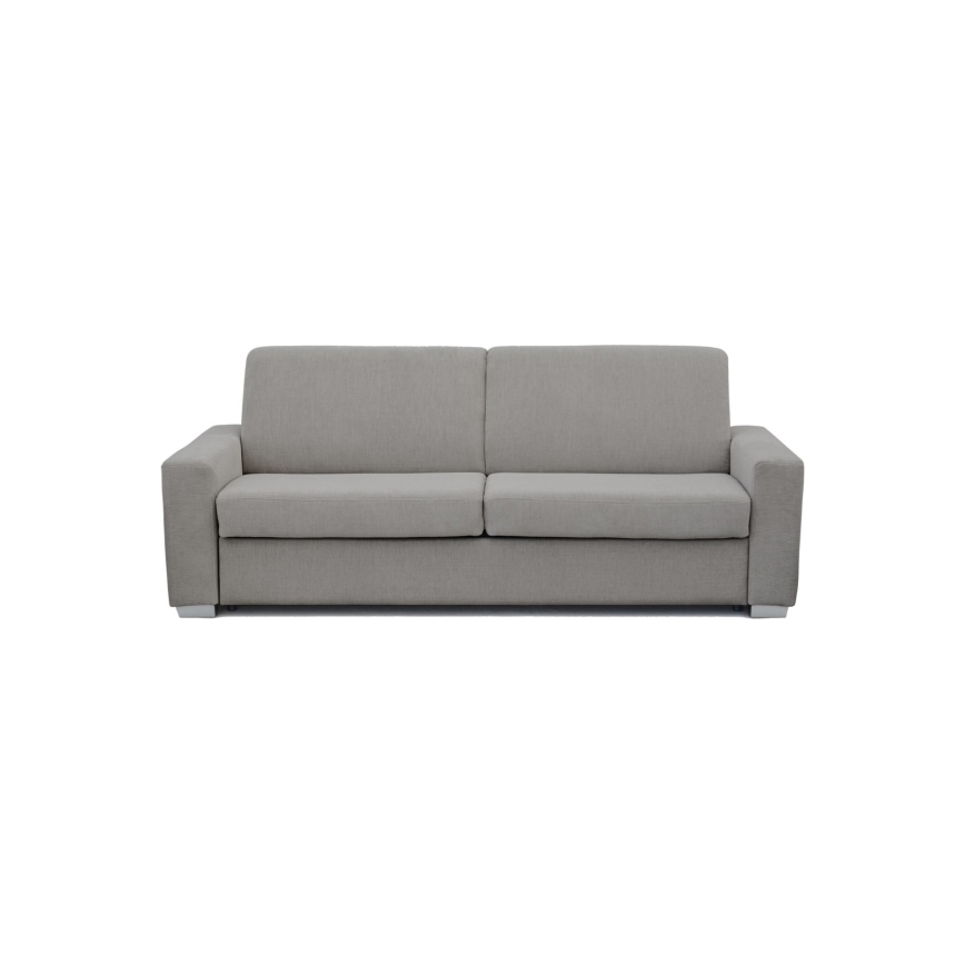 Rozťahovacia sedačka sa rozkladá, odhaľujúc matrac a kovový rozkladací mechanizmus. Sedačka je svetlosivej farby, umiestnená na svetlosivom pozadí.