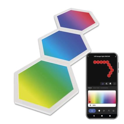 Tri hexagonálne LED panely s prechodmi farieb od červenej po modrú a zelenú sú spojené. Vedľa nich je smartphone zobrazujúci rozloženie LED panelov a ich ovládacie prvky s textom: „LED hexagon light ZIW22AR“.