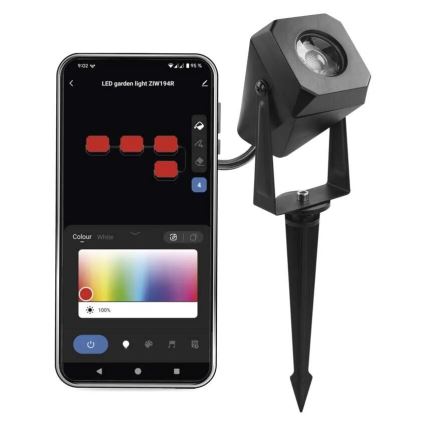 LED záhradné svetlo ZIW194R je ovládané smartfónom, ktorý zobrazuje rozloženie svetiel a umožňuje nastaviť farbu (vrátane bielej) a intenzitu. Svetlo je čierne, s hrotom na zapichnutie do zeme.