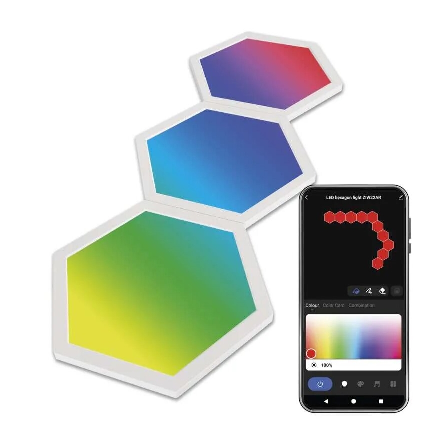 Tri hexagonálne LED panely s prechodmi farieb od červenej po modrú a zelenú sú spojené. Vedľa nich je smartphone zobrazujúci rozloženie LED panelov a ich ovládacie prvky s textom: „LED hexagon light ZIW22AR“.