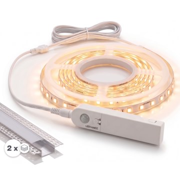 SADA 1x LED pás so snímačom pohybu FLEX LED/3,6W/4xAA 2 m + 2x zapustené profily 1 m strieborná/biela