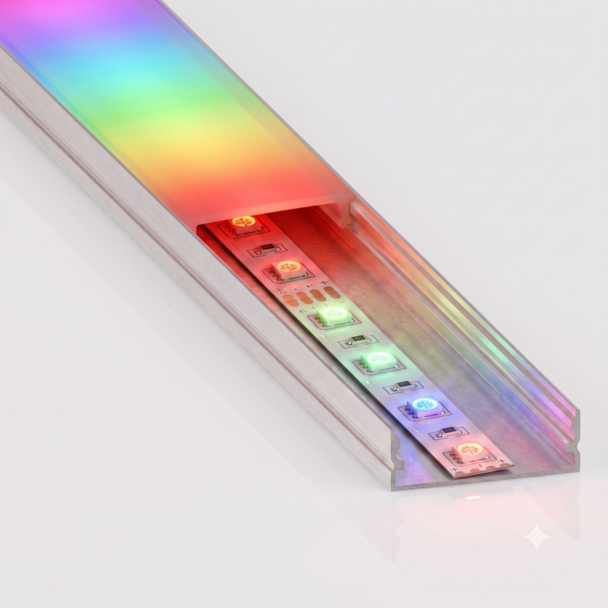 SADA 1x stmievateľný LED RGBW pás NEO LITE MUSIC LED/24W/230V 5 m IP65 Wi-Fi Tuya + 5x zapustený profil 1 m strieborná/biela + diaľkové ovládanie