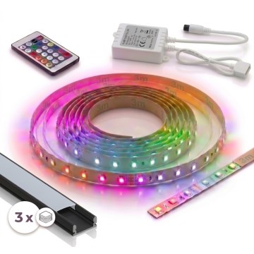 SADA 1x LED RGBW stmievateľný pás DIGITAL LED/9,6W/230V 3 m + 3x zapustený profil 1 m čierna/biela + diaľkové ovládanie
