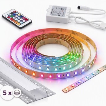 SADA 1x LED RGBW stmievateľný pásik DIGITAL LED/16,5W/230V 5 m + 5x zapustený profil 1 m strieborná/biela + diaľkové ovládanie