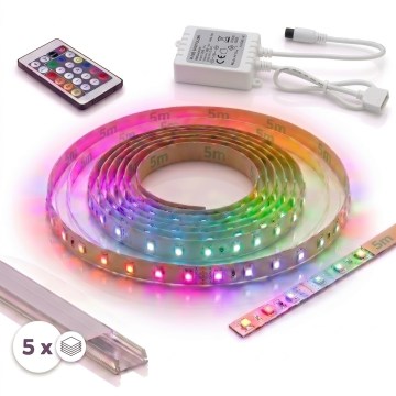 SADA 1x LED RGBW stmievateľný pásik DIGITAL LED/16,5W/230V 5 m + 5x zapustený profil 1 m strieborný/biely + diaľkové ovládanie