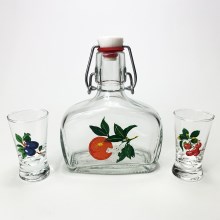Sada 1x sklenená fľaša a 2x pohár na panáky číra s motívom ovocia