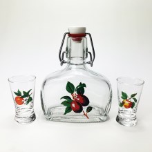Sada 1x skleněná fľaša a 2x pohár na panáky číra s motívom ovocia