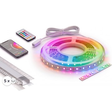 SADA 1x stmievateľný LED pás RGBW NEO LITE MUSIC LED/24W/230V 5 m IP65 Wi-Fi Tuya + 5x zabudovateľný profil 1 m strieborná/biela + diaľkové ovládanie