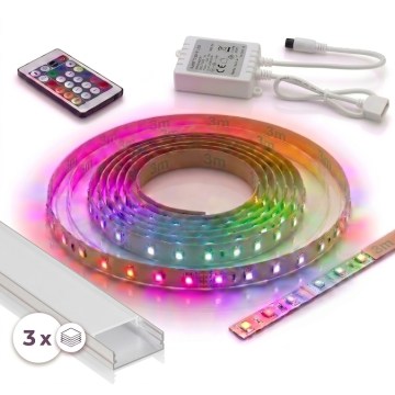 SADA 1x stmievateľný LED RGBW pás DIGITAL LED/9,6W/230V 3 m + 3x zapustený profil 1 m strieborná/biela + diaľkové ovládanie