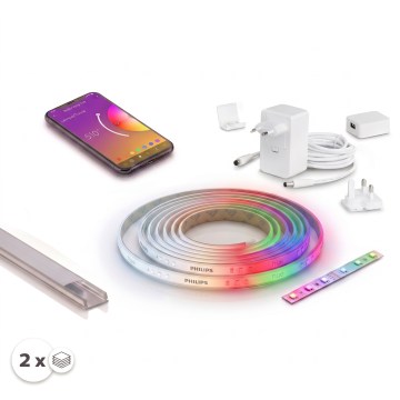 SADA 1x stmievateľný RGBW LED pás Philips Hue WHITE AND COLOR AMBIANCE LED/20W/230V 2 m + 2x vstavaný profil 1 m strieborná/biela