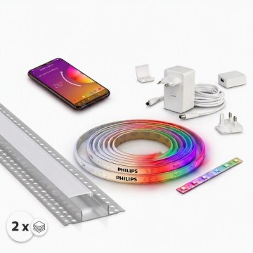 Sada 1× stmievateľný RGBW LED pás Philips Hue WHITE AND COLOR AMBIANCE LED/20W/230V 2 m + 2× zapustené profily 1 m strieborná/biela