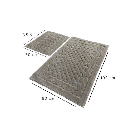 Dve kúpeľňové predložky, menšia 50x60 cm a väčšia 60x100 cm, sú zobrazené na bielom pozadí. Obidve sú svetlohnedej farby s prepleteným vzorom.
