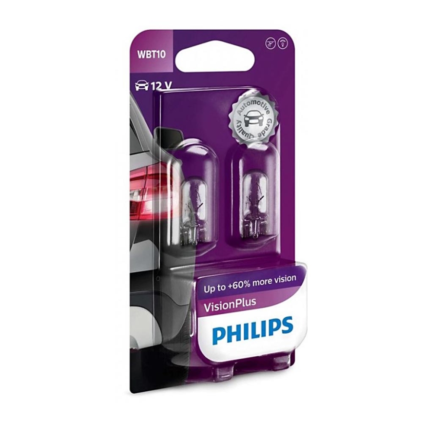 SADA 2x Autožiarovka Philips VISION PLUS WB T10 W2,1x9,5D/6W/12V