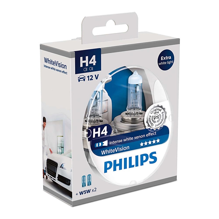 SADA 2x Autožiarovka Philips WHITEVISION 12342WHVSM H4 PX26d/60W/55W/12V 3700K +2 pozičné žiarovky